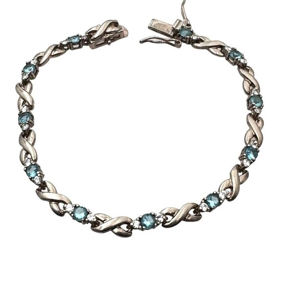 Sterling Silver Womens Bracelet Estate Blue Cubic Zirconia Infinity Tennis - Picture 1 of 3